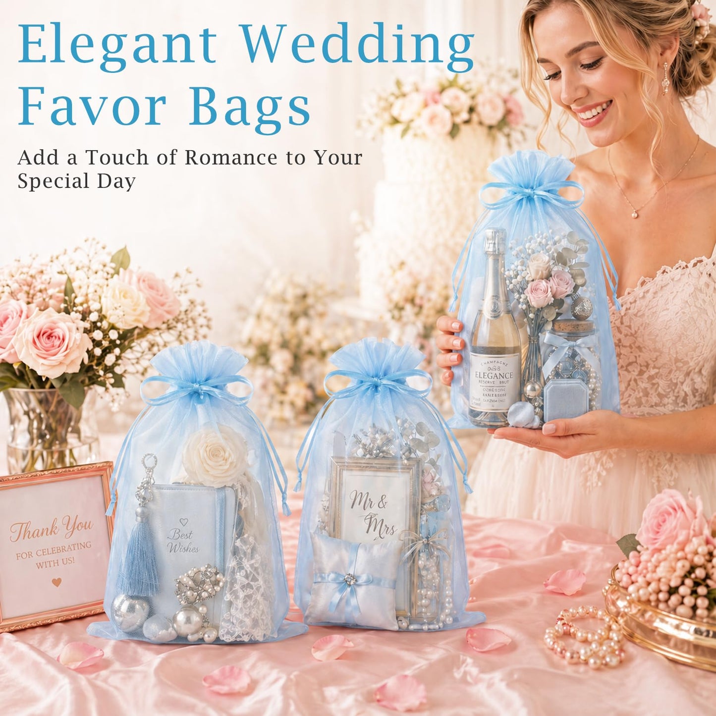 FUNFERY 100 PCS Organza Bags 6x9 in, Baby Blue Mesh Gift Bags with Drawstring, Bulk Clear Gift Bag for Wedding Party Favors Treats, Large Mesh Goodies Bag for Baby Shower, Drawstring Pouch for Jewelry