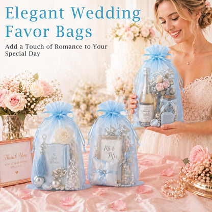 FUNFERY 100 PCS Organza Bags 6x9 in, Baby Blue Mesh Gift Bags with Drawstring, Bulk Clear Gift Bag for Wedding Party Favors Treats, Large Mesh Goodies Bag for Baby Shower, Drawstring Pouch for Jewelry