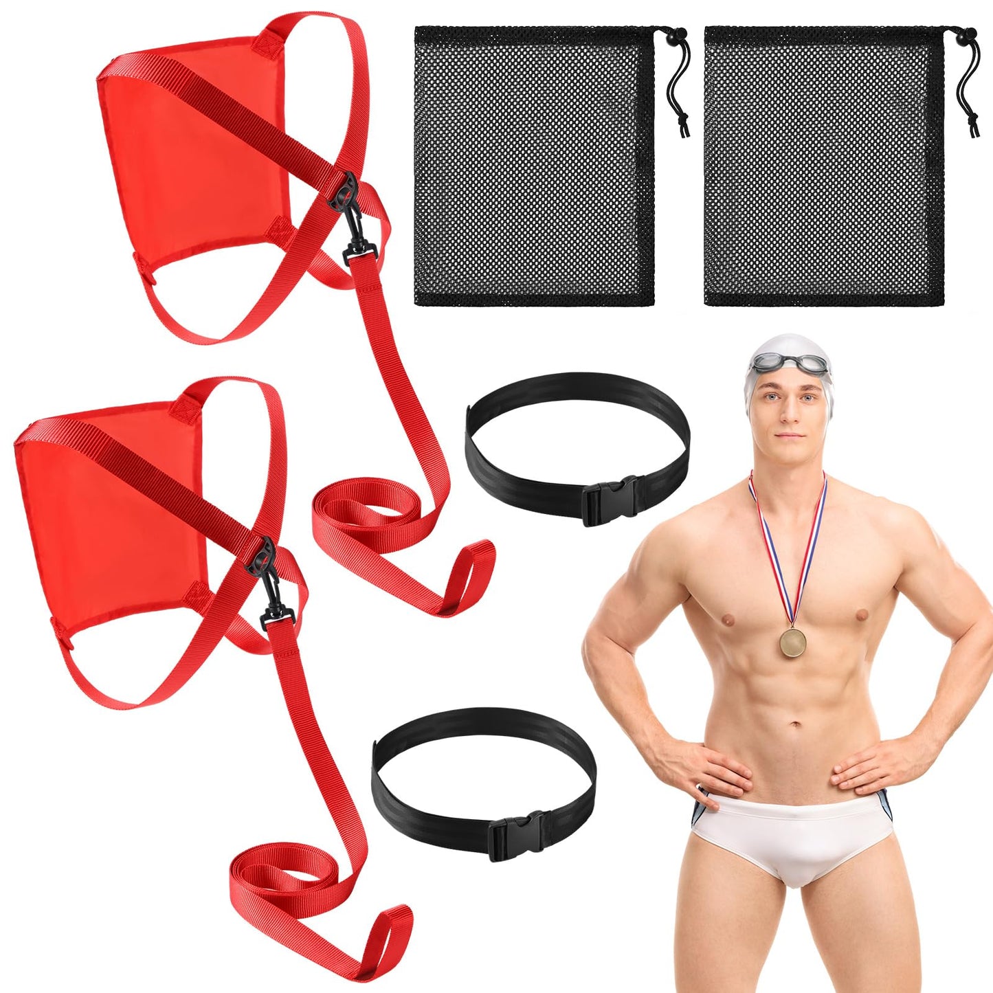 Leyndo 2 Sets Swim Parachute Swim Resistance Belt Strength Training Equipment Exerciser with Elastic Tether and Drag Parachute Exerciser Belts for Stationary Resistance Training