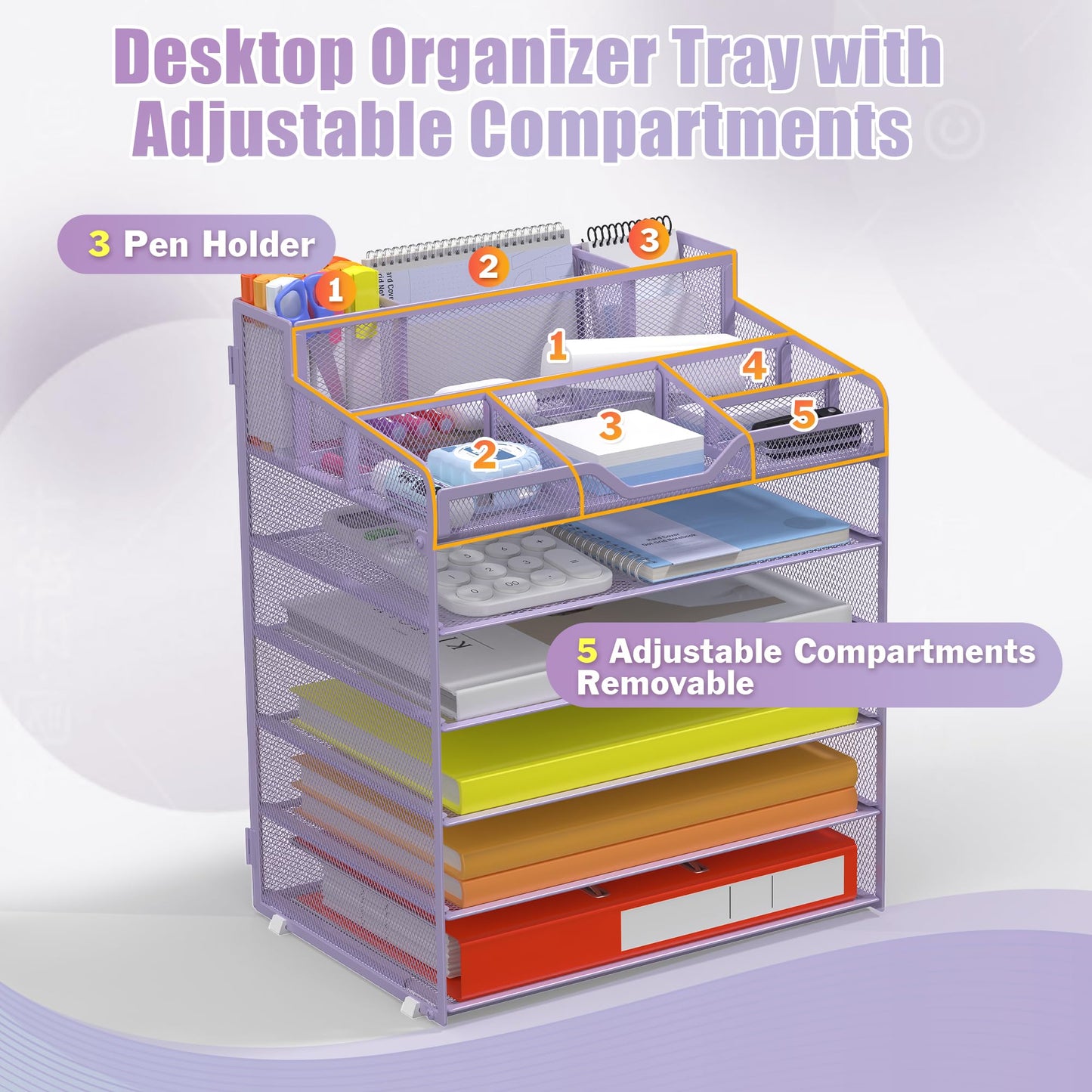 Docnest 6 Tier Mesh Desk Organizer for Paper Office Supplies – Multi-Functional Letter Tray with 5 Adjustable Compartments, 5 Pen Holders, Desktop Storage for Files, Mail, Stationery – Purple