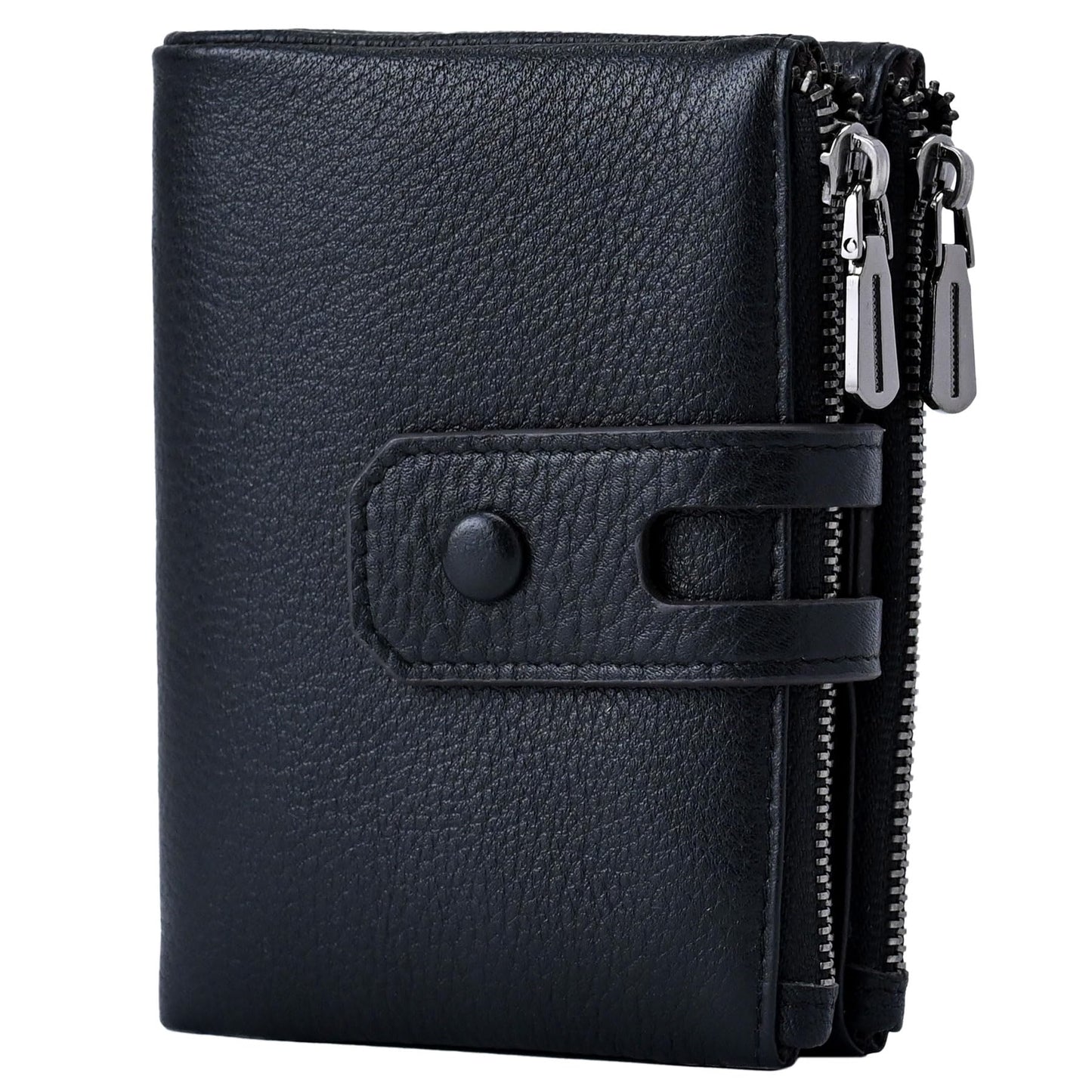 Bveyzi Small Soft Leather Wallet for Women RFID Blocking Ladies Card Holder with Double Zipper Pocket (Black)