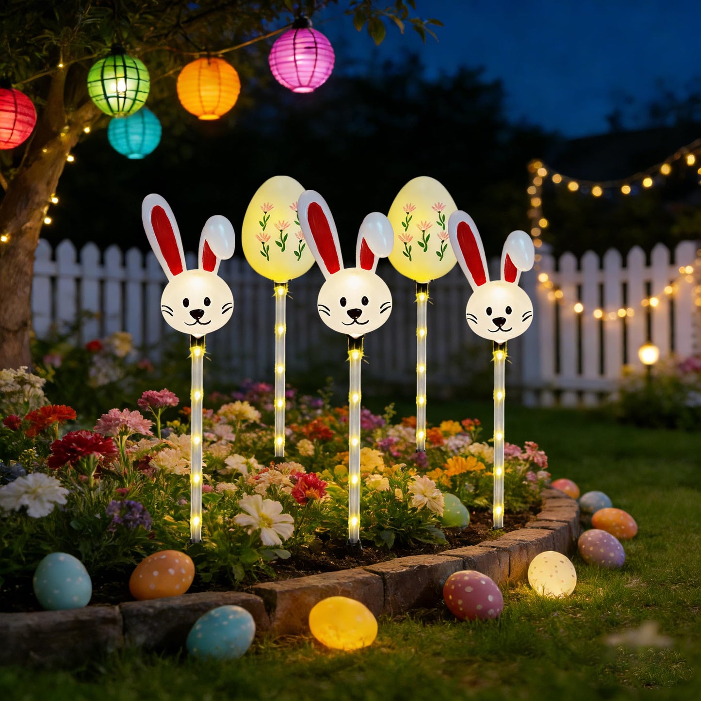 NAHIYELAS Solar Easter Pathway Lights - 5 Pack Bunny Egg Light Outdoor Solar Powered Path Lights with 8 Lighting Modes, Waterproof Garden Stake for Easter, Housewarming Gifts & Outdoor Decor