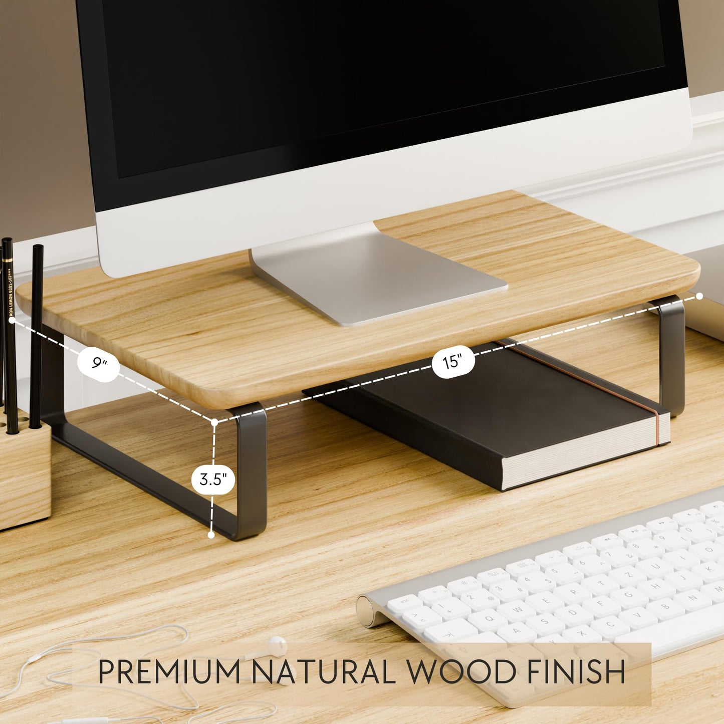 Beautiful Wooden Monitor Stand for Desk - Sturdy Stand Rises Your Monitor to the Perfect Ergonomic Level - Sleek and Functional Computer/Laptop Rack Design Elevates Any Workspace & Maximizes Space