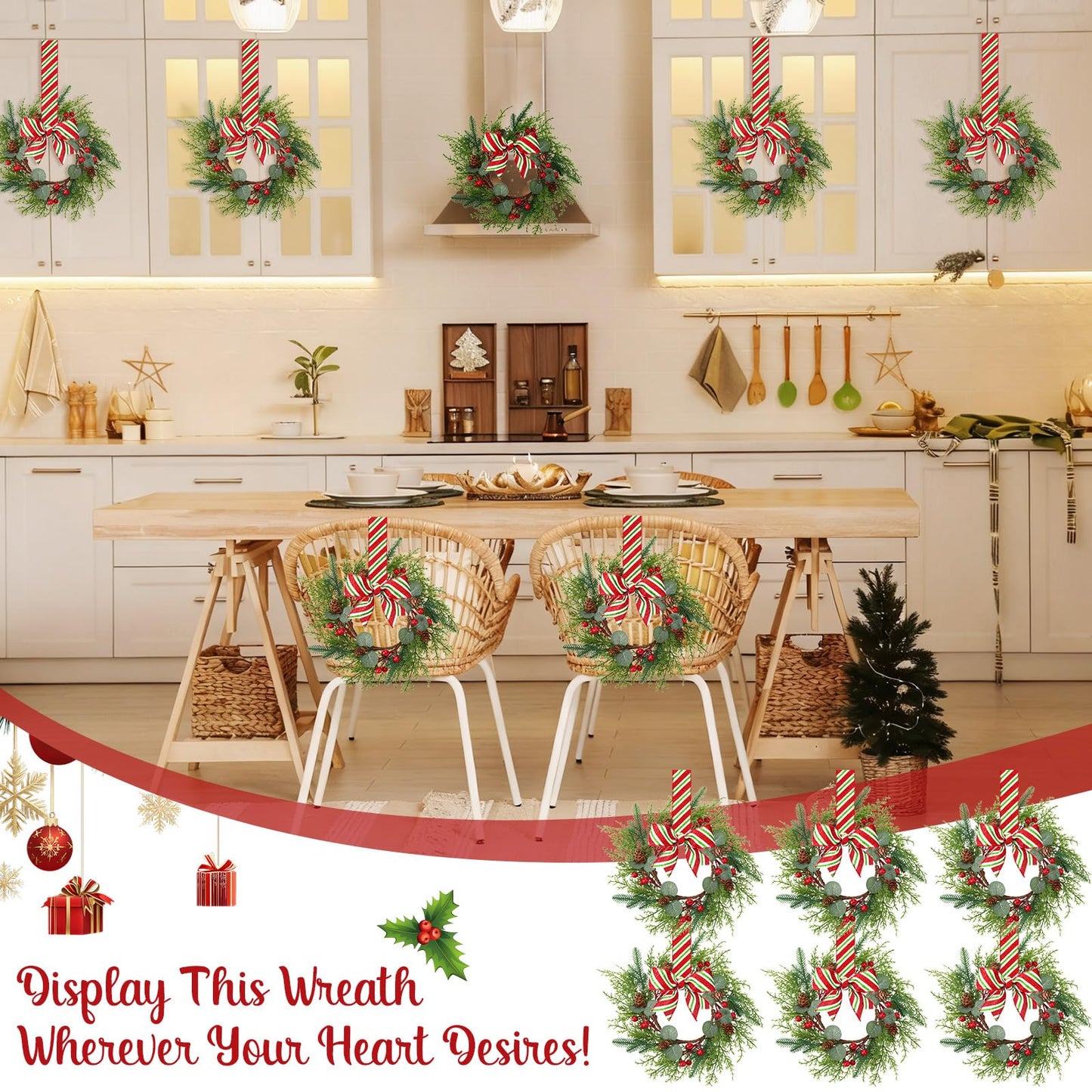 Suncalla 8 Pcs Christmas Kichen Cabinet Wreaths Bulk 7.87 Candy Cane Artificial Faux Candle Ring Wreath with Glitter Red White Green Ribbon Bow Pine Berries Christmas Decor for Xmas Home Window Door