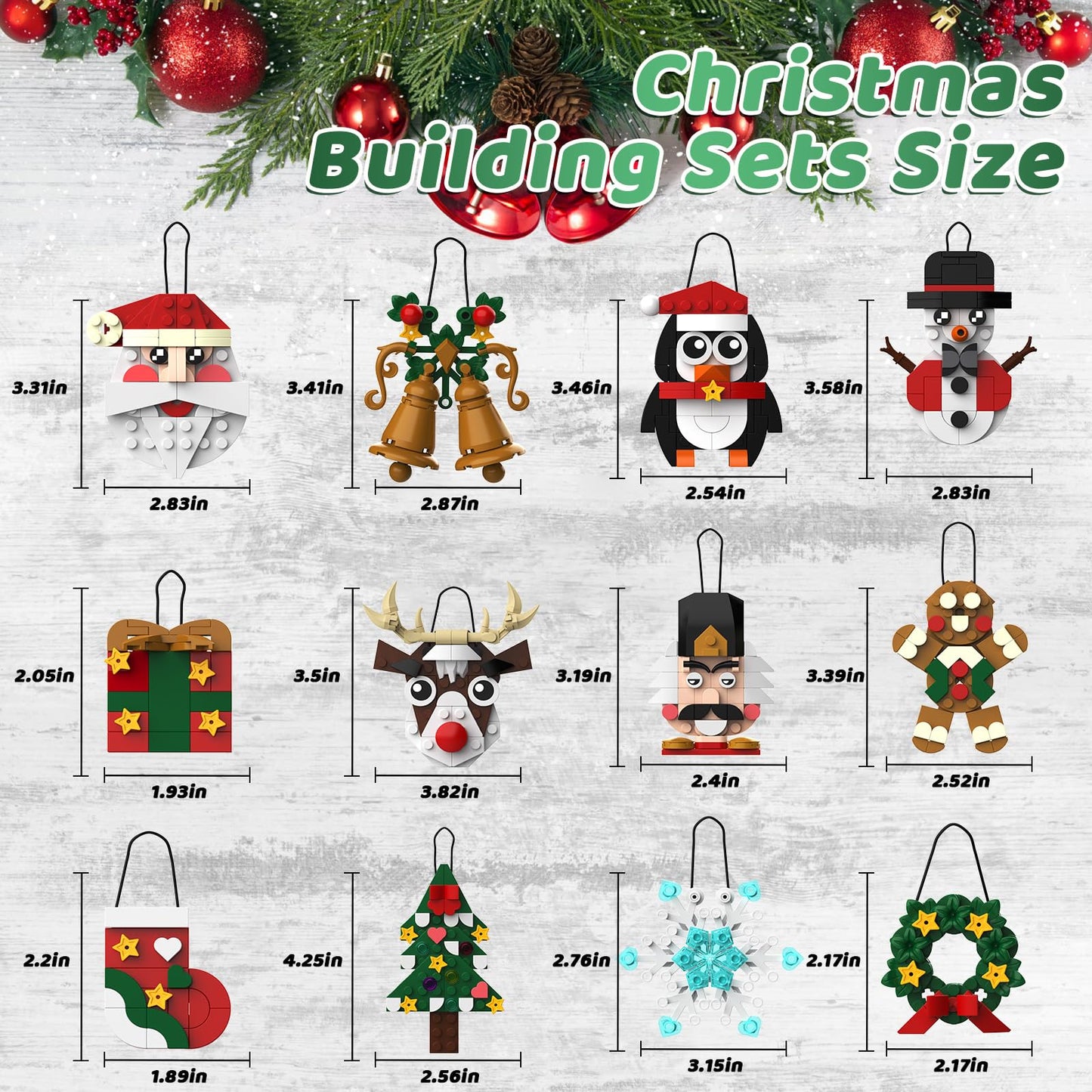 Christmas Ornaments Building Blocks Set,12 PCS Christmas Ornaments Building Kit, Santa, Snowman, Reindeer, Christmas Tree, Snowflake, Stocking, Stocking Stuffers Decor Toys Gifts for Boys Girls Kids