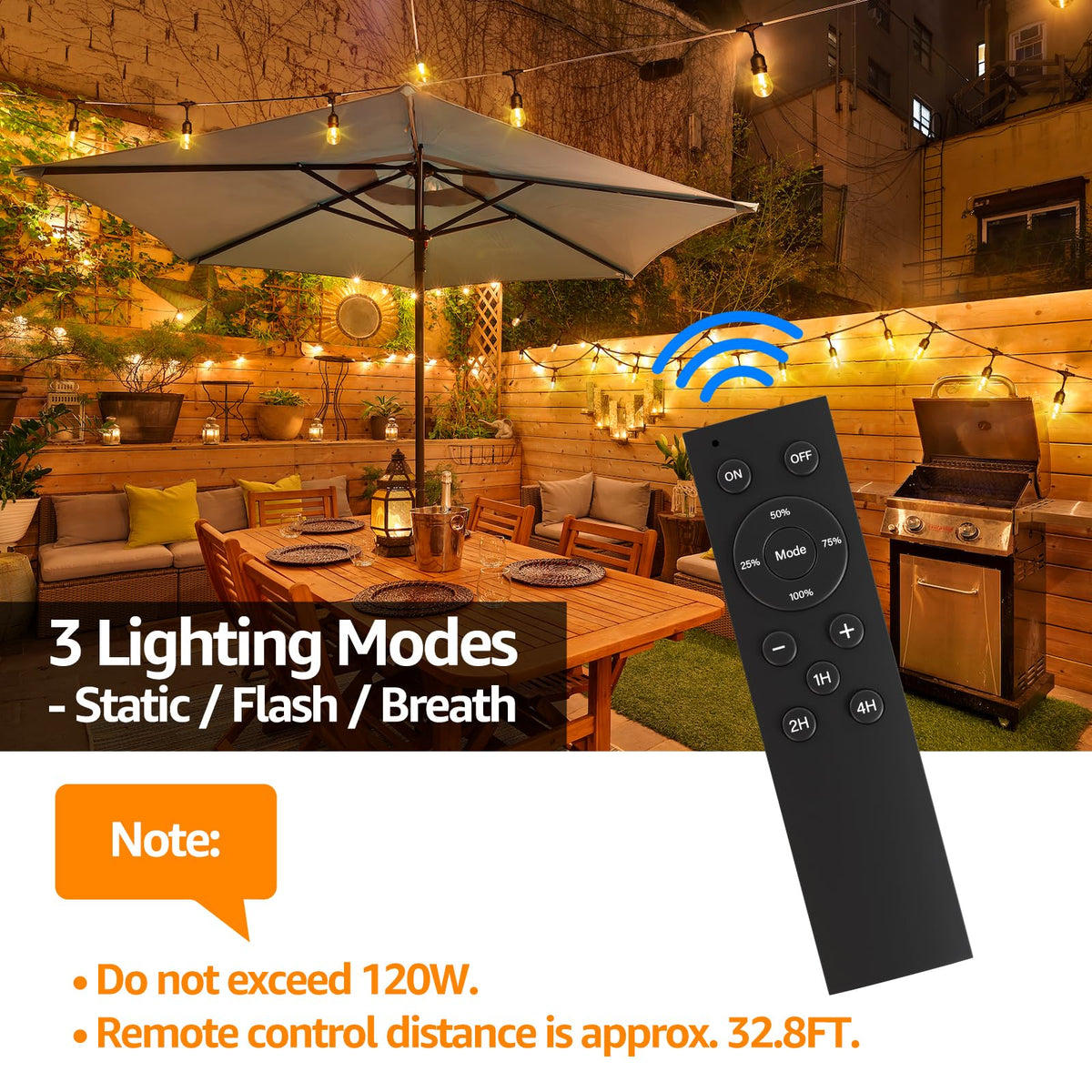 Larkvue 120W Outdoor Dimmer for String Lights with Remote, 4 Brightness, 3 Modes, Timer & Memory Function, Waterproof Plug Switch for S14/ST38/G40