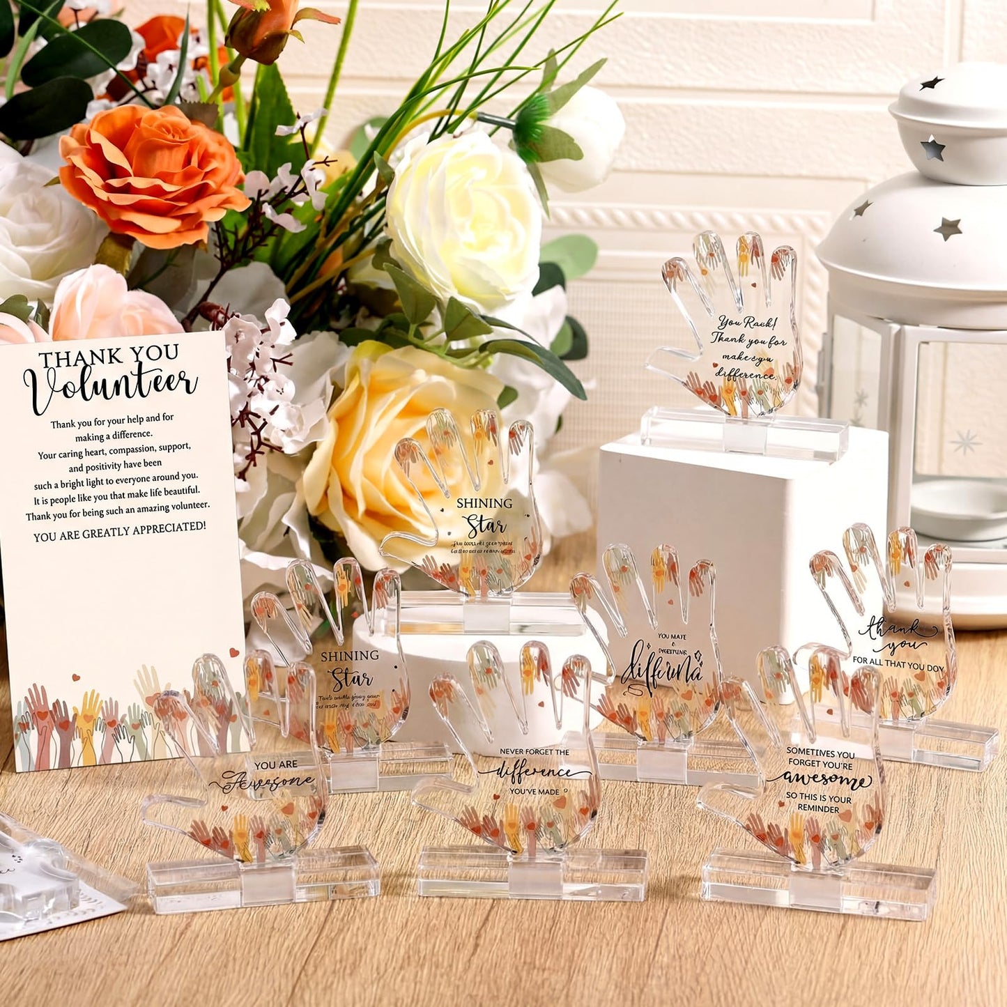 Juinte 10 Sets Volunteer Appreciation Gifts 10 Styles Acrylic Desk Sign with Thank You Cards for Volunteer Week Christmas Recognition Gifts Hand Shaped Plaques Desk Decor Accessories