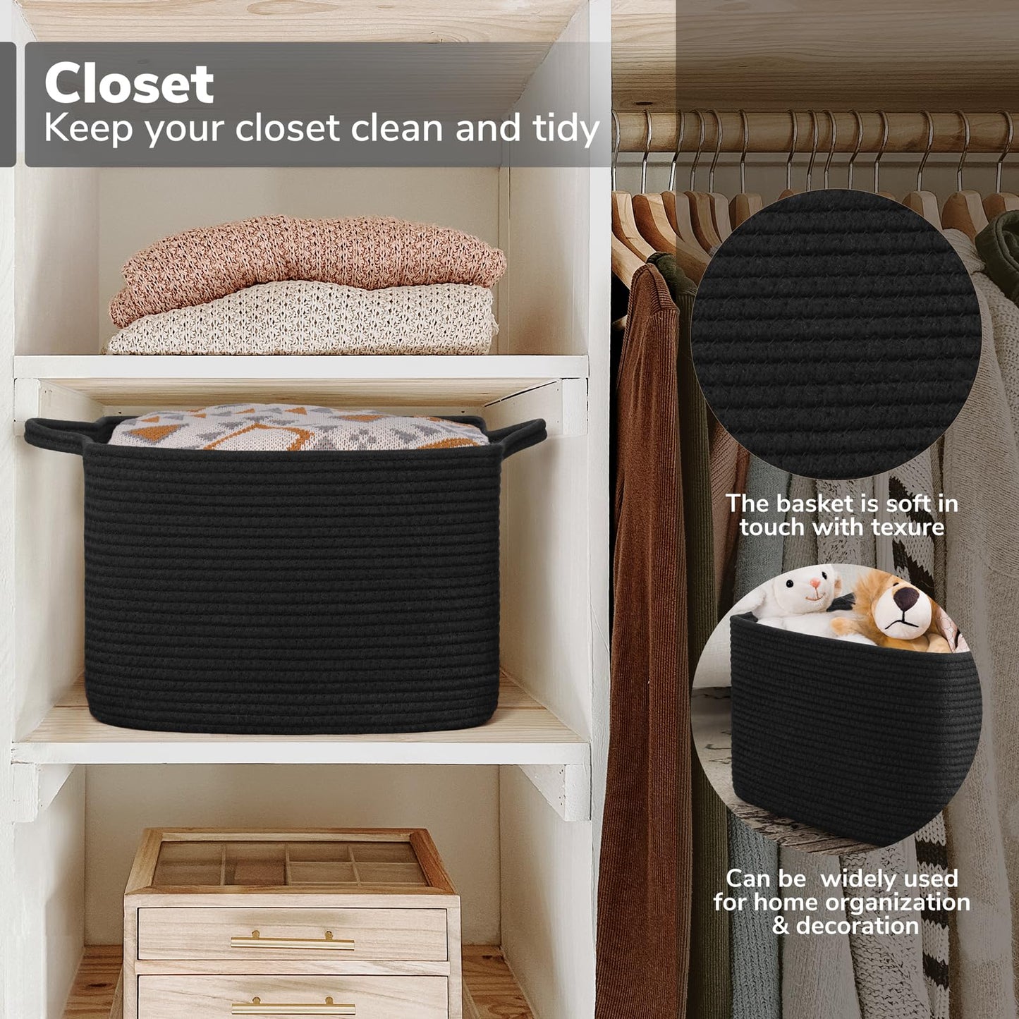 Goodpick Woven Storage Baskets for Organizing, Cotton Rope Organizer for Living Room Bedroom, Black Laundry Basket with Handles, Stylish Gift Baskets for Baby Boys, 13"x10"x9"