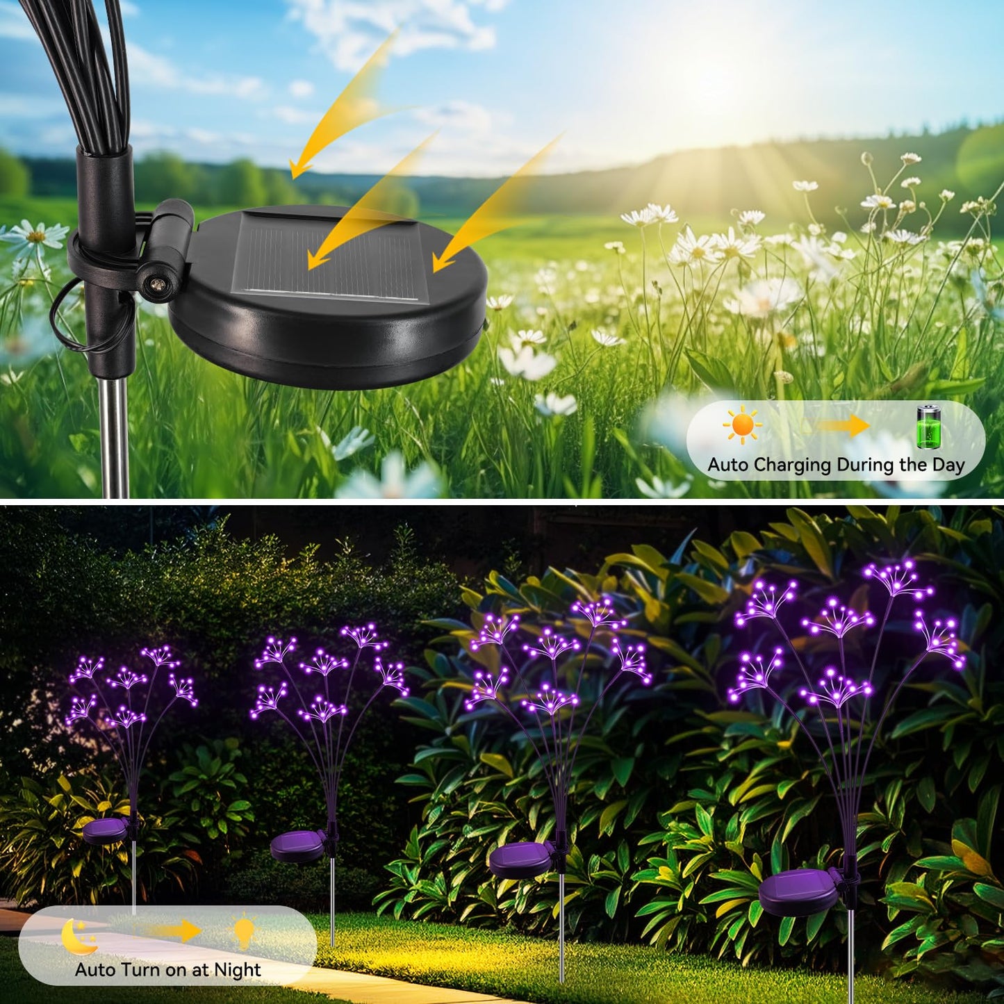 Solar Garden Lights 2 Pack Waterproof Solar Swaying Starburst Light Outdoor Lights for Yard Patio Walkway Pathway Party Wedding Christmas Decoration, Purple