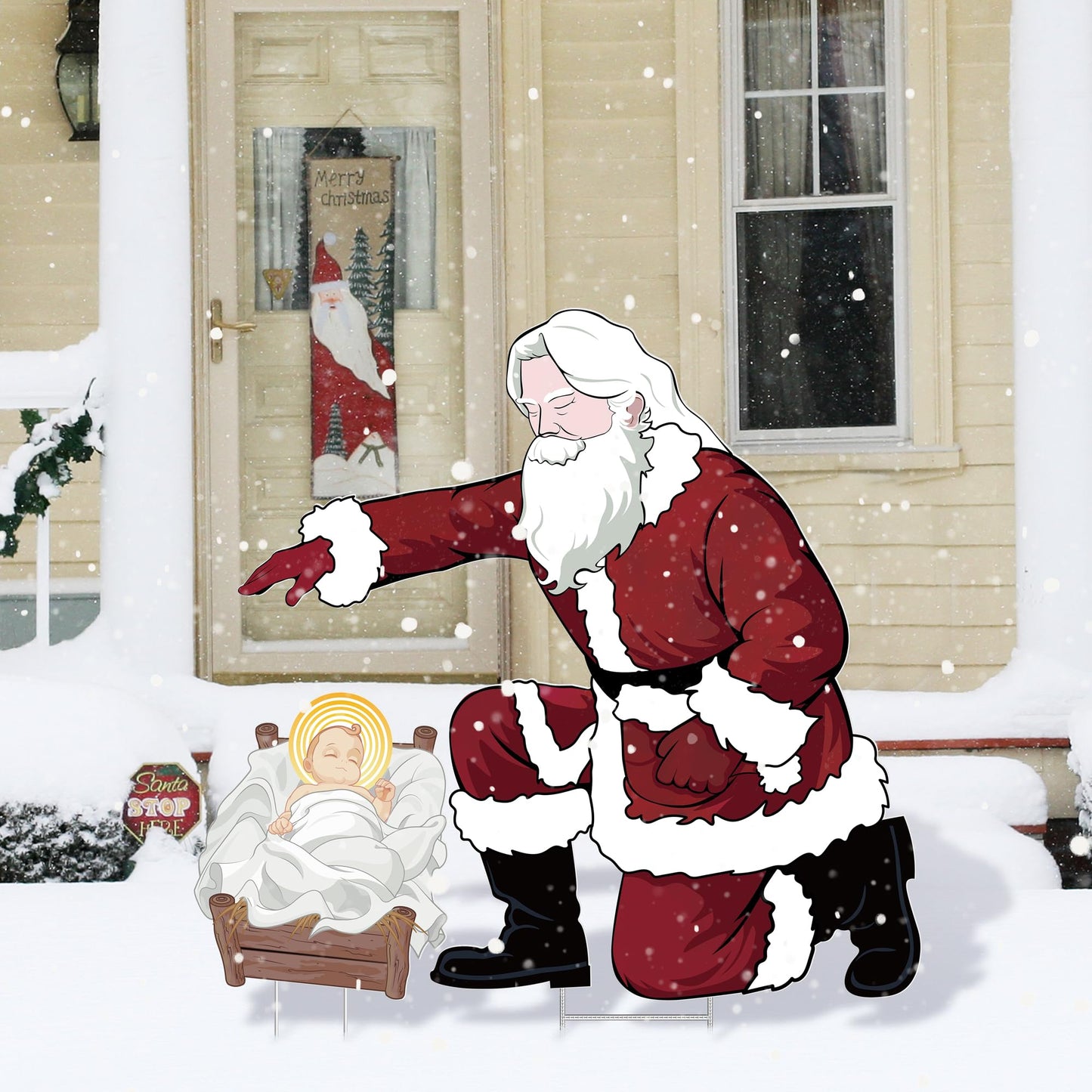 Santa Jesus Nativity Yard Sign Large 90cm Tall Weatherproof Religious Santa Holy Jesus Birth Christian Nativity Scene with Metal Stakes for Outdoor Christmas Holiday Lawn Home Garden Yard Decor