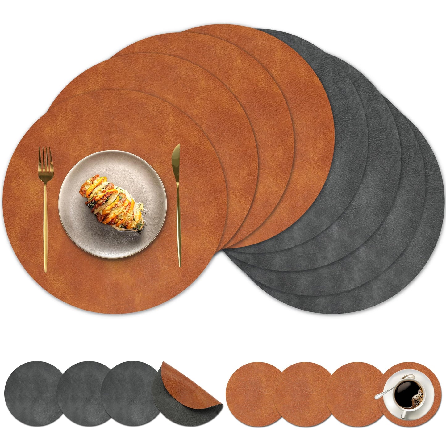 Pixieora Round Placemats and Coasters Set of 8, Washable Reversible Faux Leather Placemats Cowhide Pattern Place Mats Wipeable Non-Slip 15 inch Round Kitchen Dining Table Mats (Gray Brown, 8)