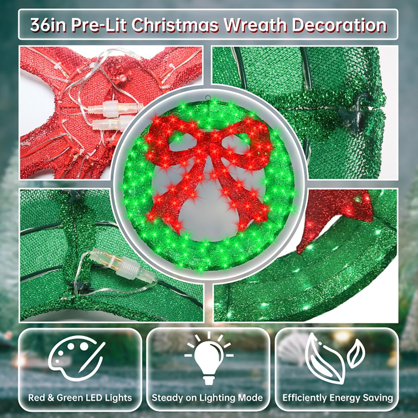 Outdoor Christmas Wreath Decoration - 36" Bright LED Christmas Wreath Lights with Bow, Large Lighted Christmas Wreaths Window Lights for Wall, Windows, Front Door Decor, Red Bow - Green Wreath