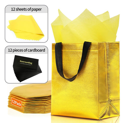KeerxunBag 12pcs Reusable Gift Bags（Includes Tissue Paper） Gift bag with handle Birthdays Parties Holidays Weddings Medium 10x4x8in gold color Gift Bags