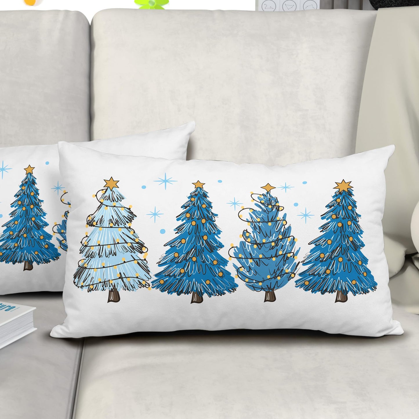 Blue Christmas Tree Lumbar Throw Pillow Covers 12X20 In Set of 2 Xmas Tree Lights Stars Decorative Rectangle Pillow Cases Winter Holiday Pillow Cover Farmhouse Home Decor For Living Room Sofa Couch