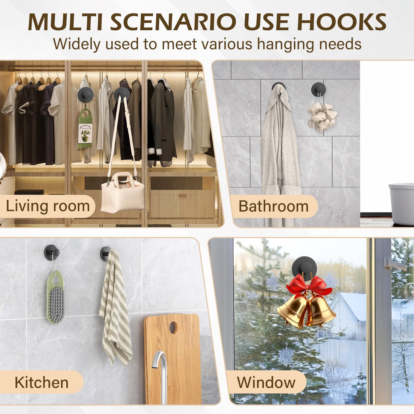 Ninth Five Suction Cup Hooks for Shower, Bathroom Wall Door Hooks for Towels, Robes, Loofahs Hanging, Removable Suction Towel Hook for Tile Glass Mirror, No Drill(4 Pack, Black)