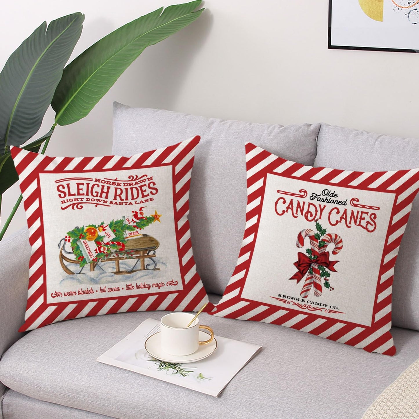 Coeufuedy Christmas Pillow Covers 18x18 Set of 4 Candy Canes Elk Santa Claus Sleigh Rides Winter Holiday Decoration Cushion Case for Sofa Couch Home Decor