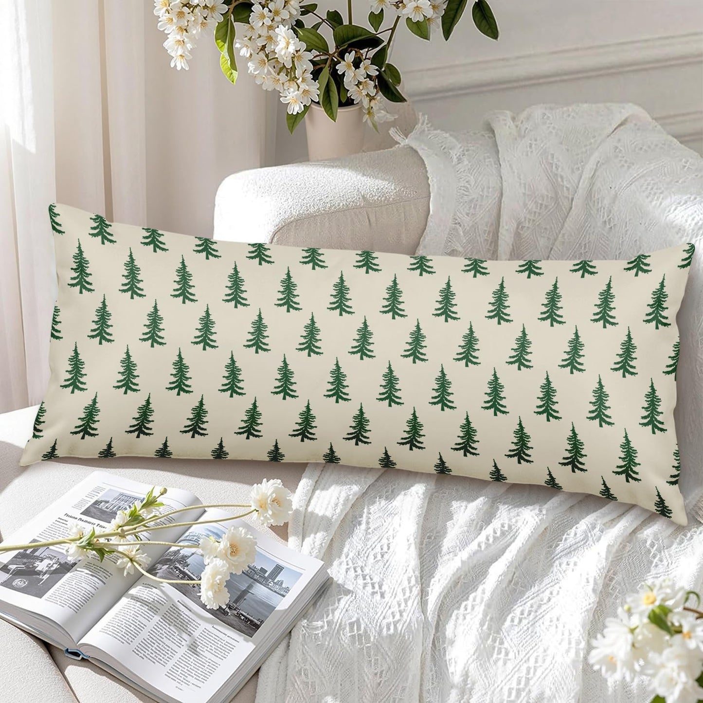 Christmas Pillow Cover 14x36 Inch Green Cream Tree Xmas Holiday Print Decorative Long Throw Pillowcases Outdoor Winter Seasonal Rustic Farmhouse Lumbar Rectangle Cushion Case Decor for Couch Sofa Bed