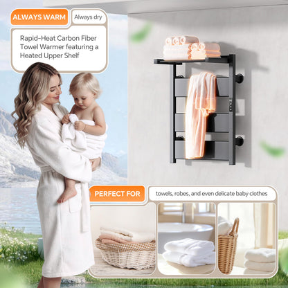 EIKANIOS Electric Heated Towel Warmer with Heated Top Shelf, Upgraded Flat Panel Towel Drying Rack with Timer & Temp Control, Left or Right Plug-in/Hardwired Options, Wall Mounted for Bathroom