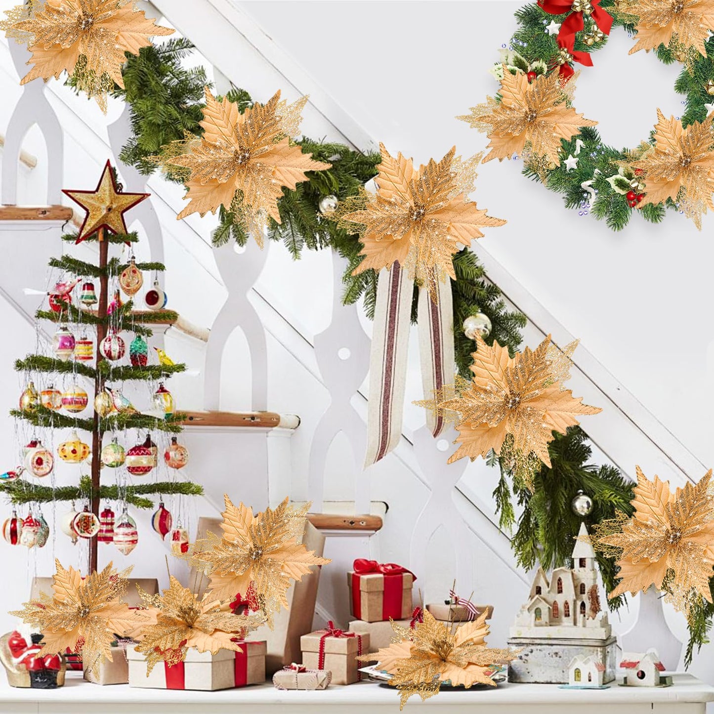 10'' Large Christmas Glitter Poinsettia Flowers Decorations, stadeco 10 Pcs Christmas Tree Picks Ornaments Artificial Flowers with Long Stems for Xmas Tree Wreath Garland Wedding Party DIY Decor