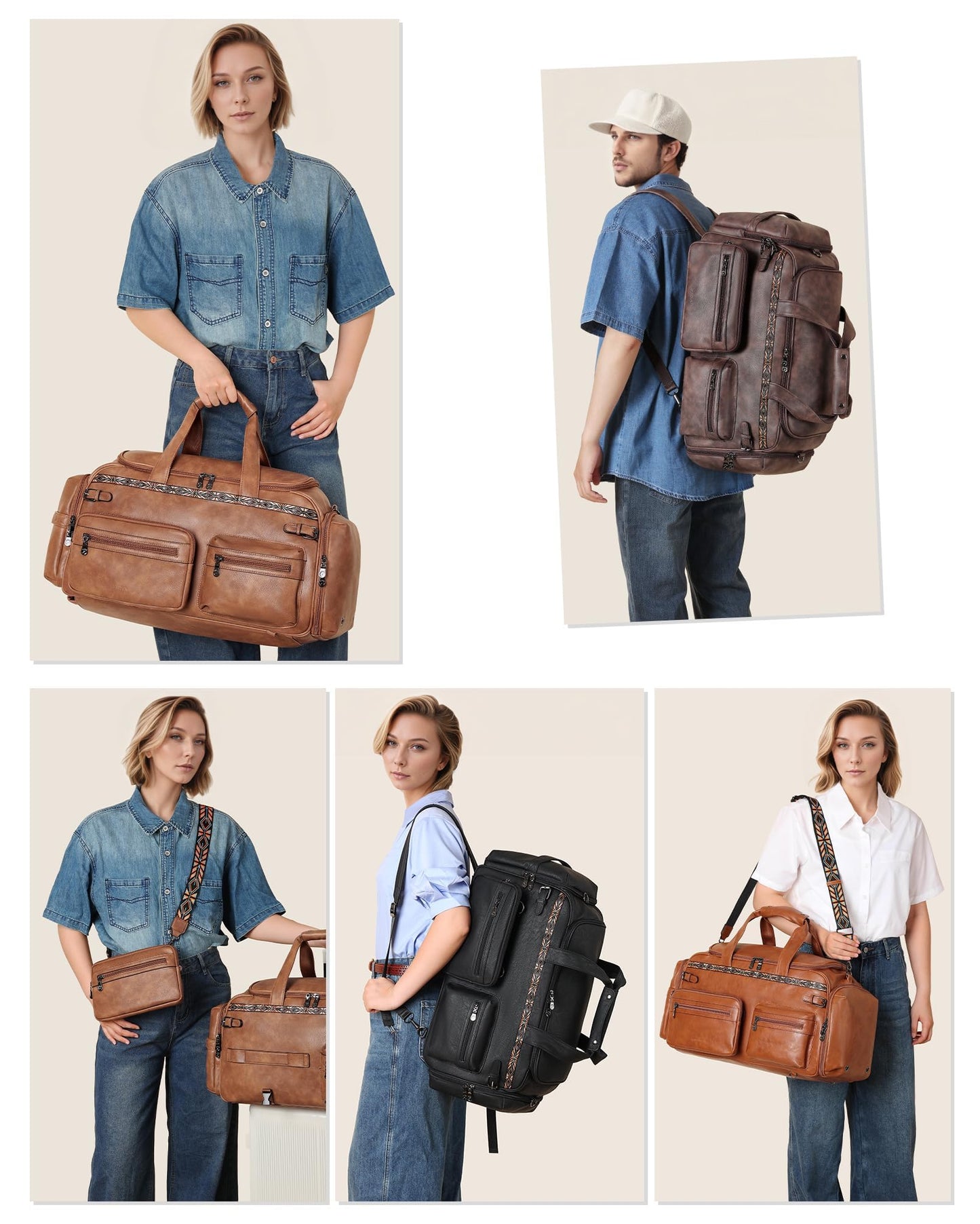 FADEON Duffle Bag for Women, Large Convertible Carry on Overnight Backpack, Designer Leather Mens Weekend Bags for Travel