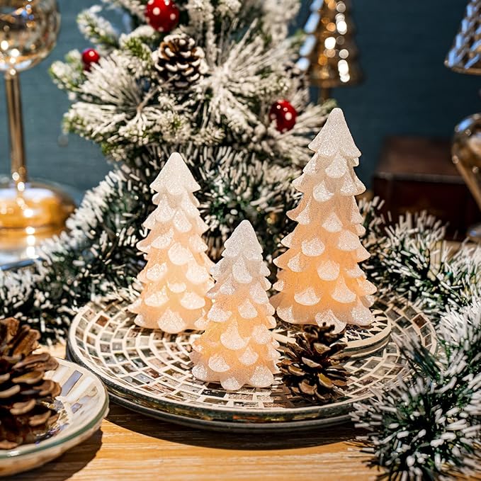 Glittering White Christmas Tree Shaped Flickering Flameless LED Candles with Timer, Real Wax Battery Operated for Home Party Decoration and Gift (Set of 3)