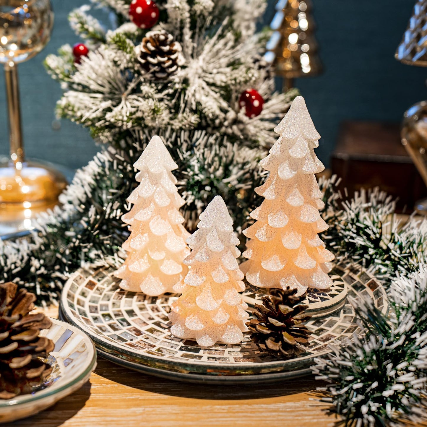 Yongmao Glittering White Christmas Tree Shaped Flickering Flameless LED Candles with Timer, Real Wax Battery Operated for Home Party Decoration and Gift (Set of 3)