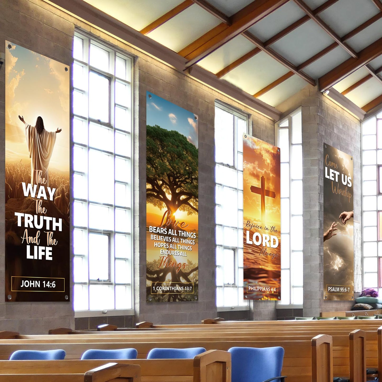 4Pcs Church Banners for Sanctuary Wall Welcome Religious Banners Hanging Backdrop Sanctuary Church Hanging Signs Bible Verses Banner Scripture Church Hanging Signs for Church School Decor