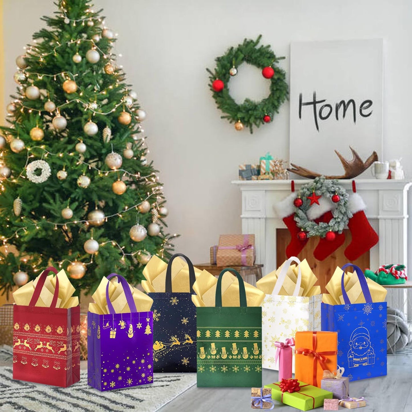 18Pack Christmas Gift Bags Medium Size with Tissue Paper - Reusable Non-Woven Tote Bags with Handles - Perfect for Gift Wrap/Party Favor Supplies - 10.2" x 8.3" x 4"