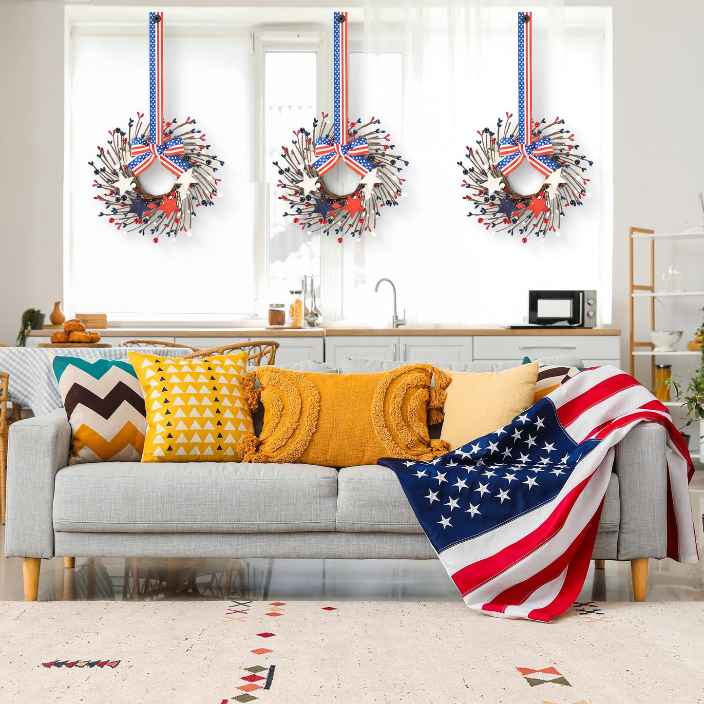 4 PCS Small Patriotic Wreath Mini 4th of July Wreaths for Kitchen Cabinets Farmhouse Artificial Red White Blue Stars Memorial Day Windows Wreaths for Independence Day Porch Wall Decor