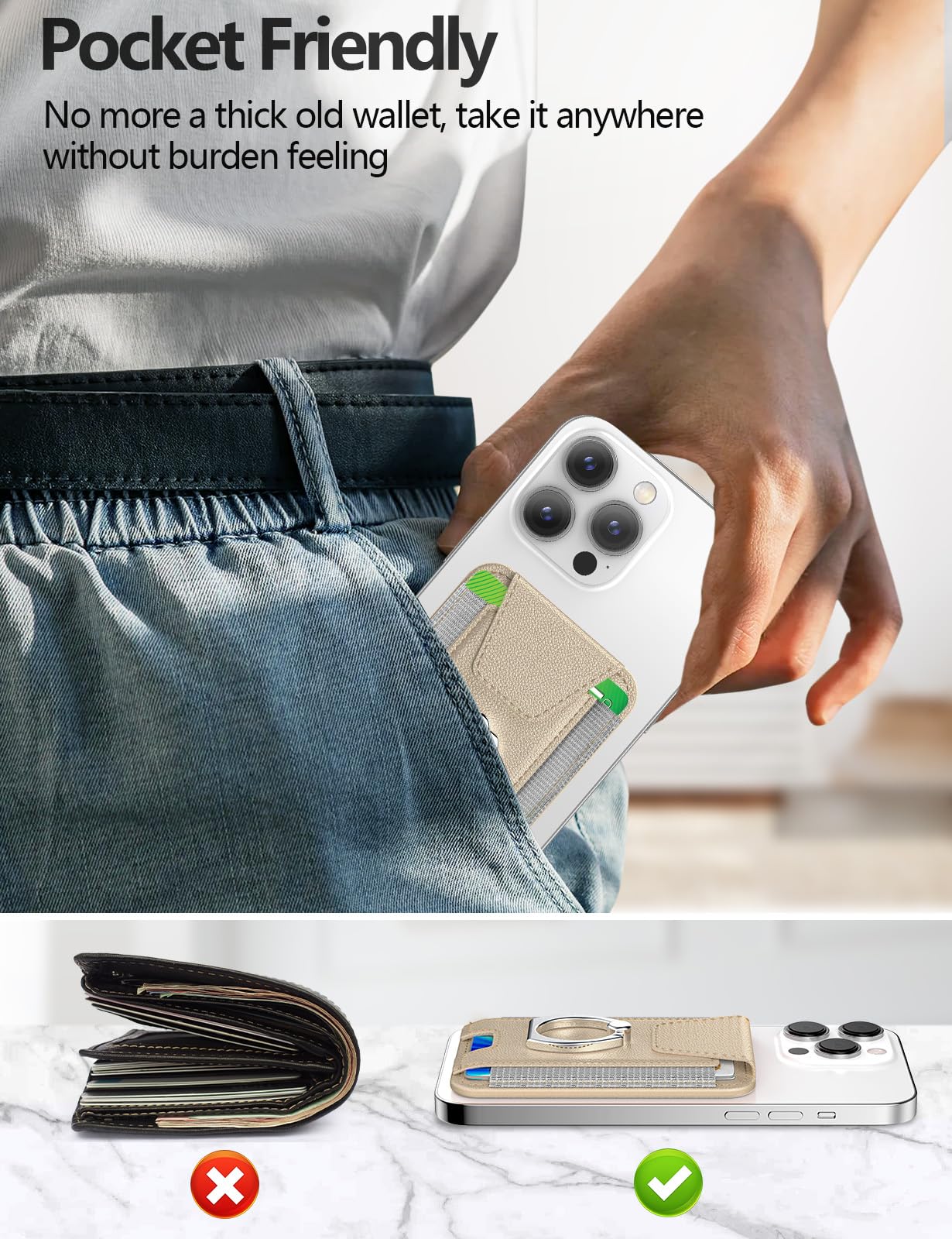 ExtreLife For Magsafe Wallet with Grip, 6-Card Holder, Stronger Magnetic Card Wallet Holder for iPhone 17/16/15/14/13/12 Series, Leather Magnetic Phone Wallet with Privacy Flap, Desert Titanium Gold