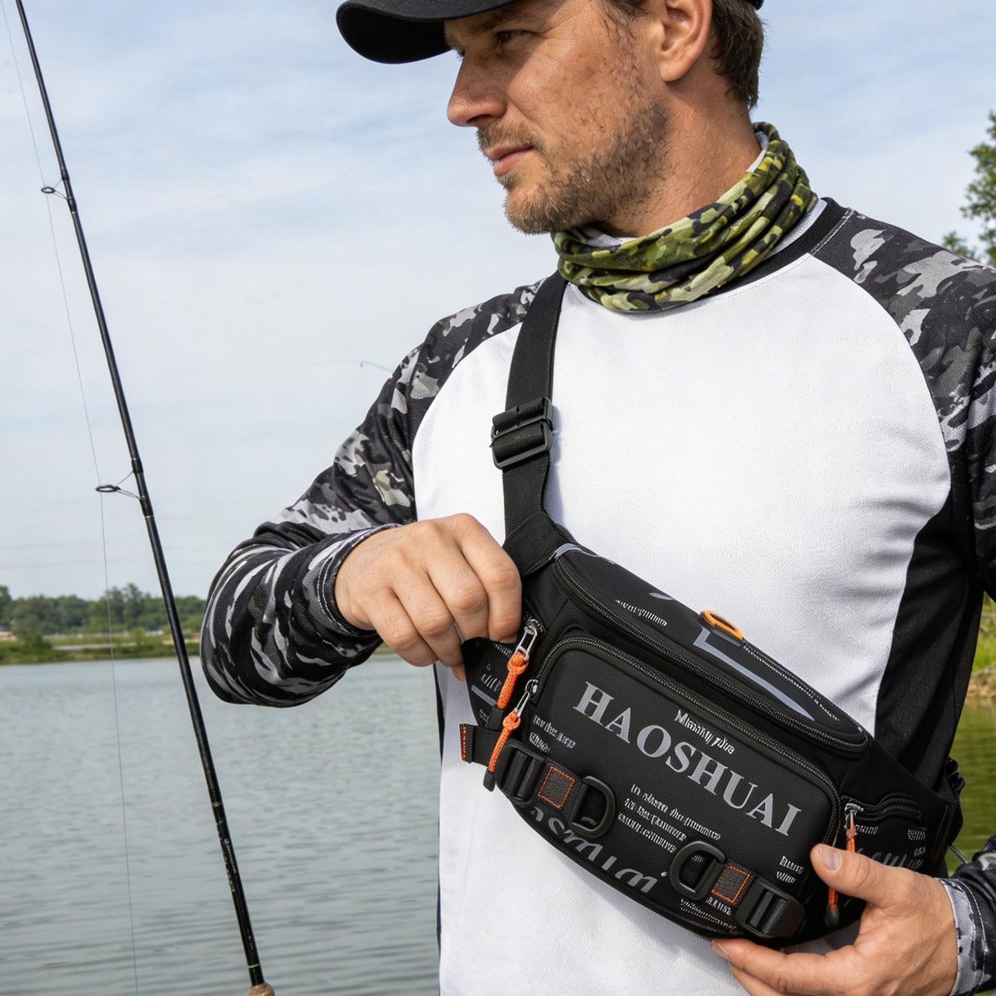 Fanny Pack for Men Women Waist Bag with Headphone Jack Utility Hip Belt Pouch Crossbody Bags Bumbag for Cycling Hiking Walking Fishing Black02