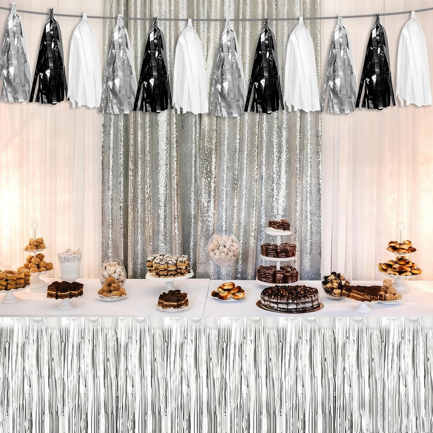 4P Black Silver white Tassel Banner Garland Metallic Foil Fringe Banner Tinsel Tassels Streamer Banner Backdrop for Parade Floats, Graduation Decorations, Halloween, Christmas Decorations
