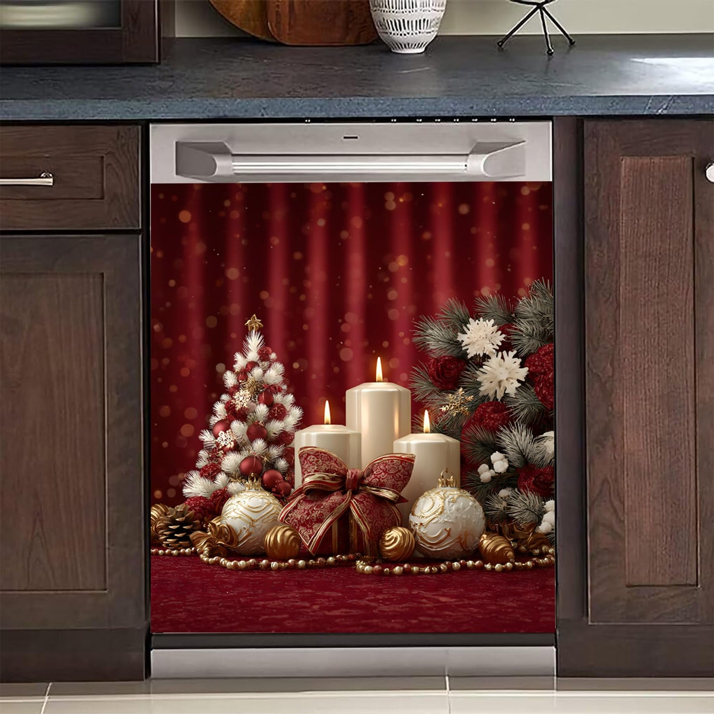 BVBOX Winter Dishwasher Magnet Cover 23"x26", Reusable Magnetic Refrigerator Covers, Dishwasher Magnets Decorative Cover Fridge Door Skin Panel Stickers (Candlelight Christmas)