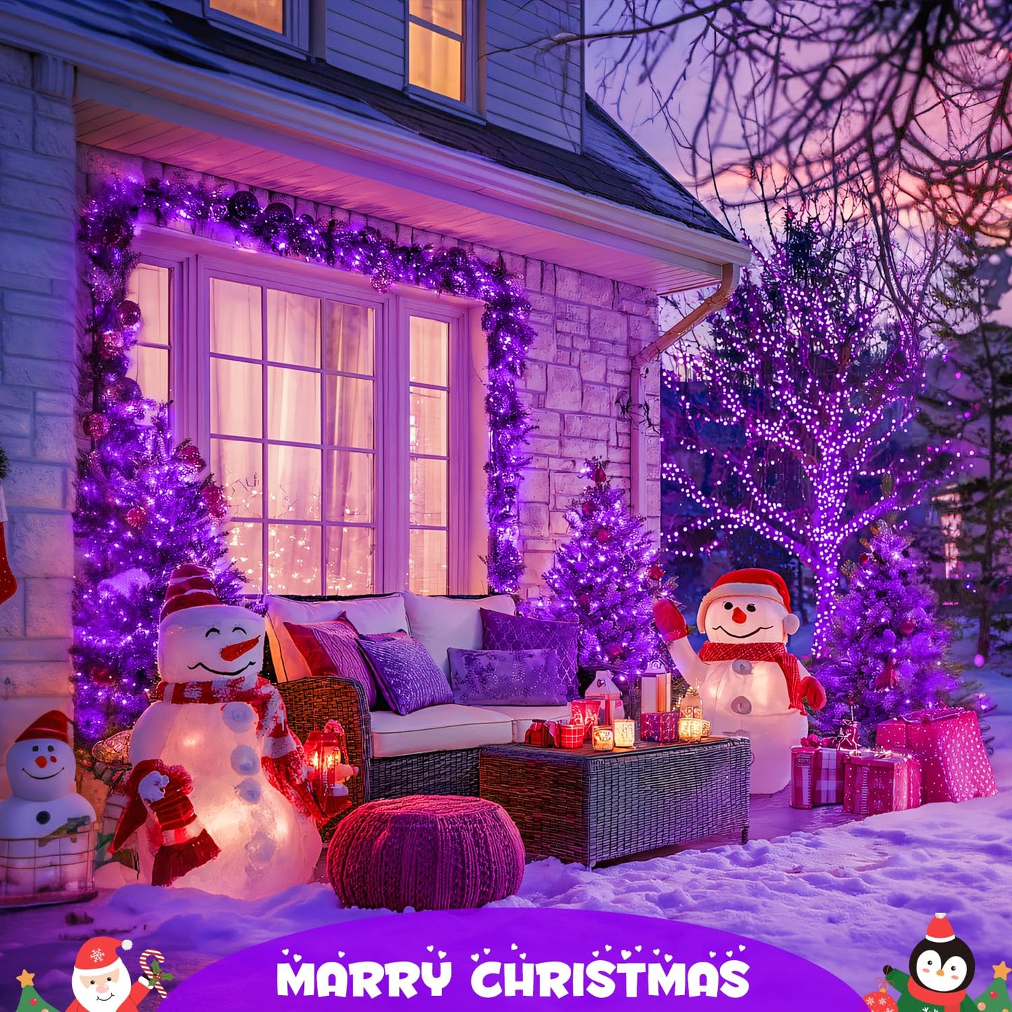 JMEXSUSS Purple Christmas Lights Battery Operated, 2 Pack 100 LED Outdoor Purple String Lights Waterproof, Each 33 FT Christmas Tree Light Indoor for Halloween Decorations Party Porch Garden Decor