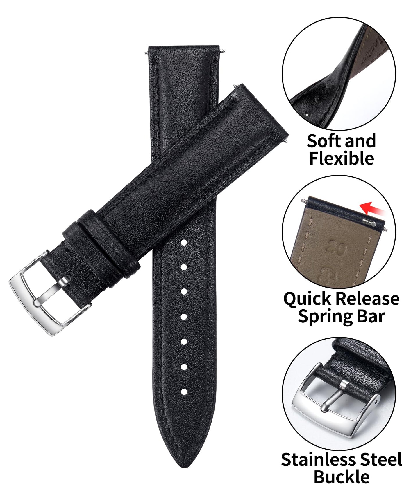 BINLUN Leather Watch Bands Quick Release Premium Calfskin Replacement Watch Strap Multicolors Watchbands for Men Women(12mm,Black)