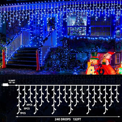 132Ft 1280 LED Christmas Icicle Lights Extra Long 8 Modes Waterproof Icicle String Lights with 240 Drops, Fairy Hanging Lights Decor with Remote for Xmas Wedding Indoor Outdoor(Blue)