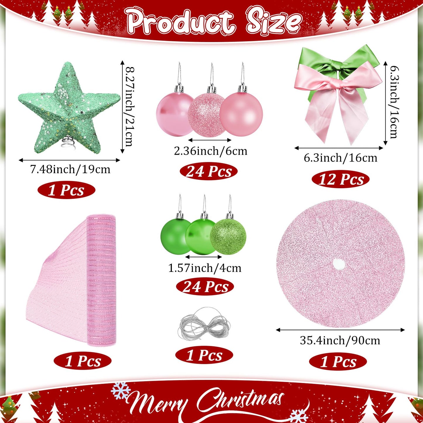 Cinrobiye Christmas Tree Decoration Set Including 48 Christmas Ornaments Balls,12 Bows,Tree Topper,Tree Skirt,Mesh Ribbon for Xmas Trees Holiday Party Garland Indoor DIY (Pink&Green)
