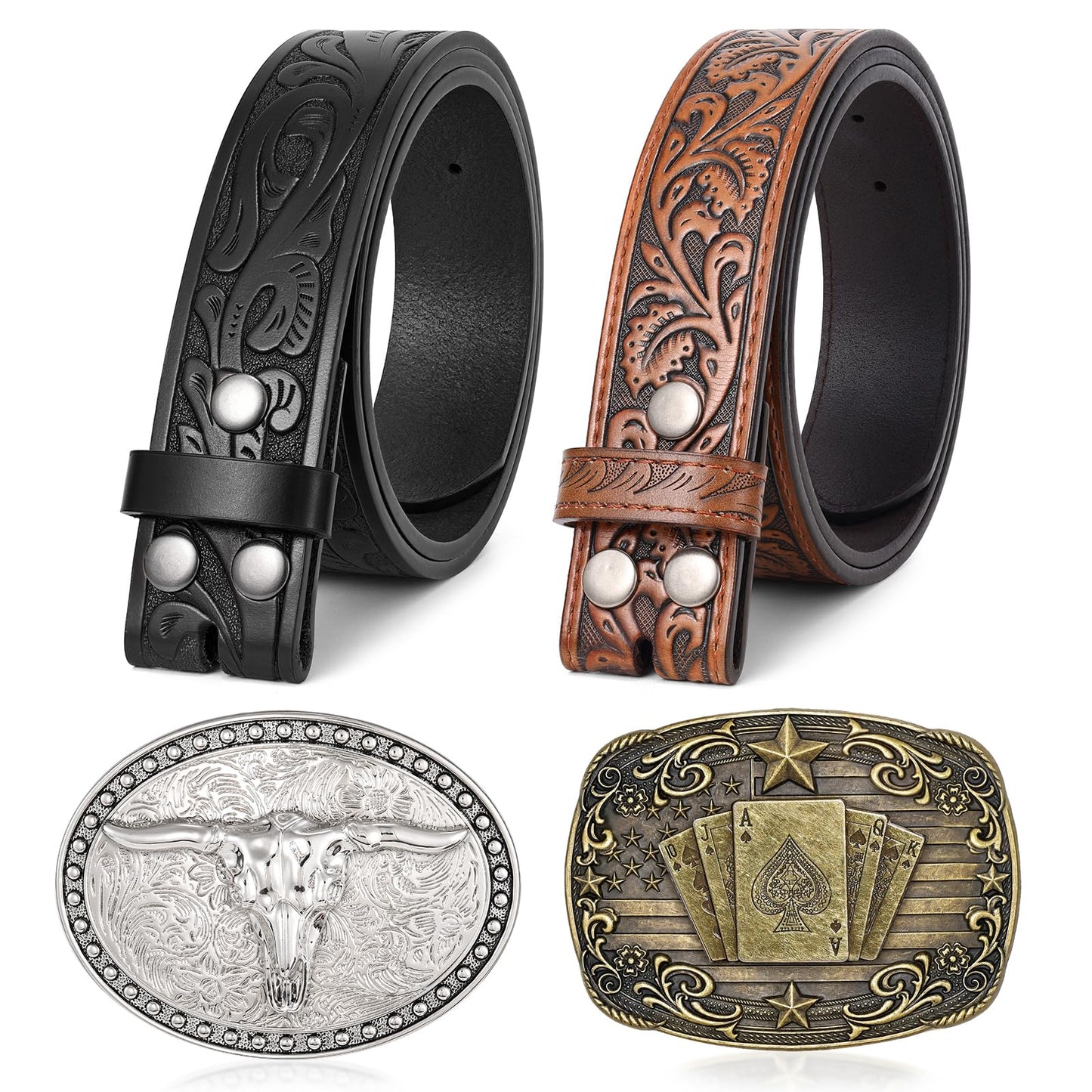 SANSTHS Western Belts for Men Women 2 Pack, Cowgirl Cowboy Belt Leather Straps with Buckle Set for Jeans, Bull Poker Black and Brown