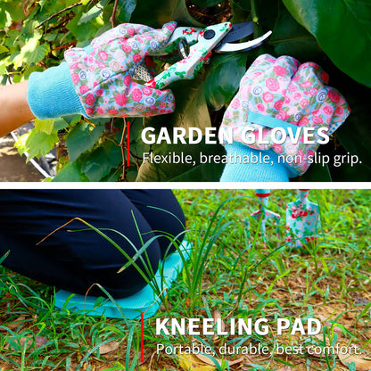 JUMPHIGH Floral Garden Tools Set, 11 PCS Heavy Duty Gardening Tools Includes Hand Trowel Rake Weeder Pruner Sprayer, Gardening Gifts for Women, Garden Kit with Storage Tote Bag and Garden Gloves