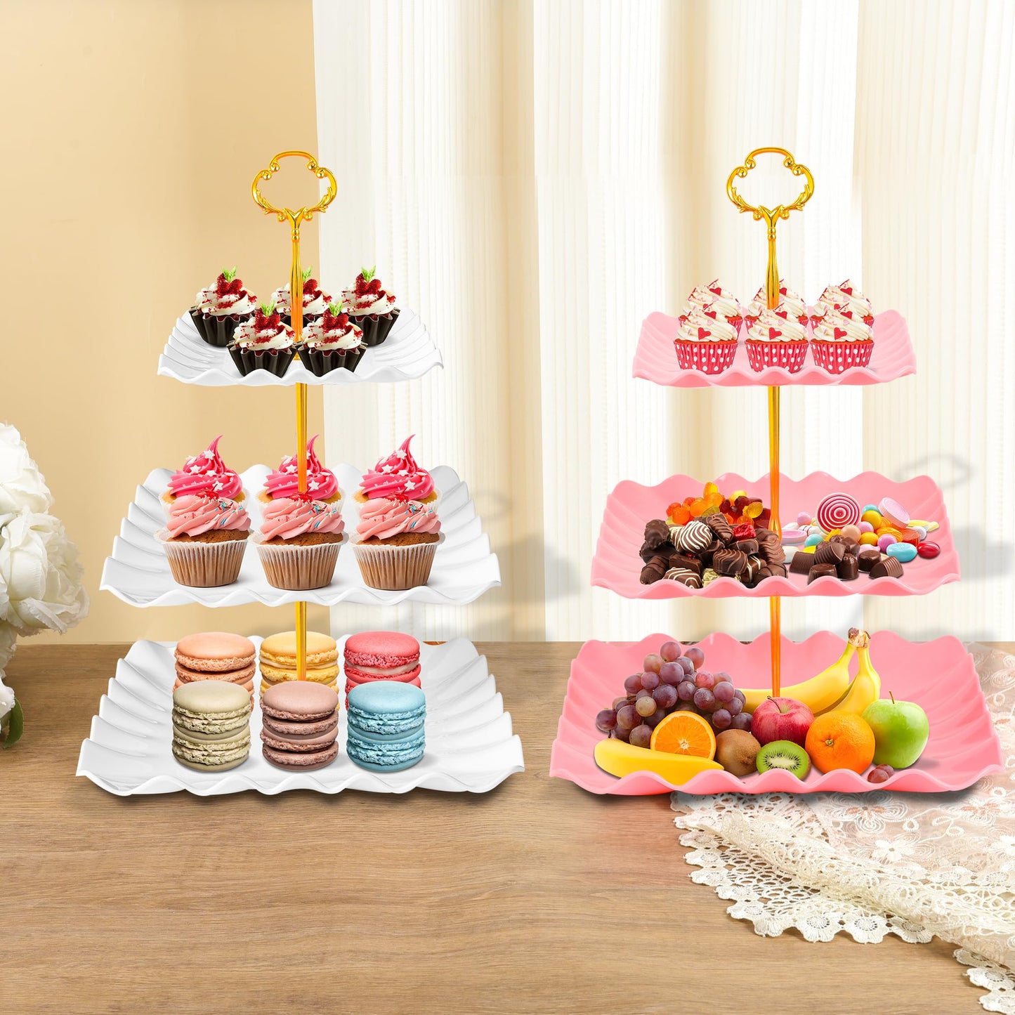 10 Pack Dessert Table Display Set - 4 x Three-Tier Square Cupcake Stands and 6 x Serving Trays, Elegant Tableware for Cakes, Cupcakes, Pastries, and Snacks, Perfect for Parties (White)