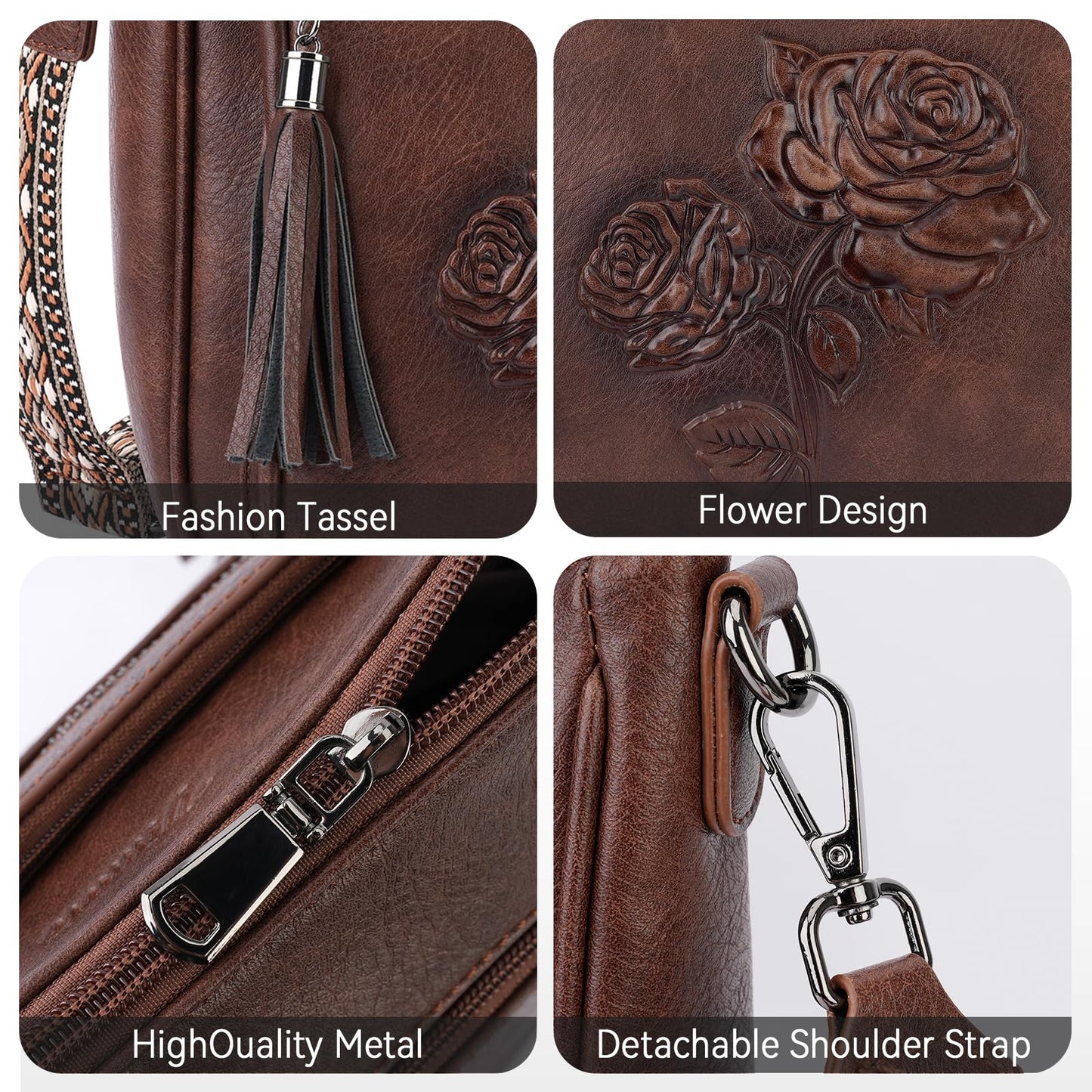 VIMUTI Crossbody Bags for Women Trendy Vegan Leather Hobo Purses for Women Embossed Flower Shoulder Handbags Bucket Bag (03-Coffee)
