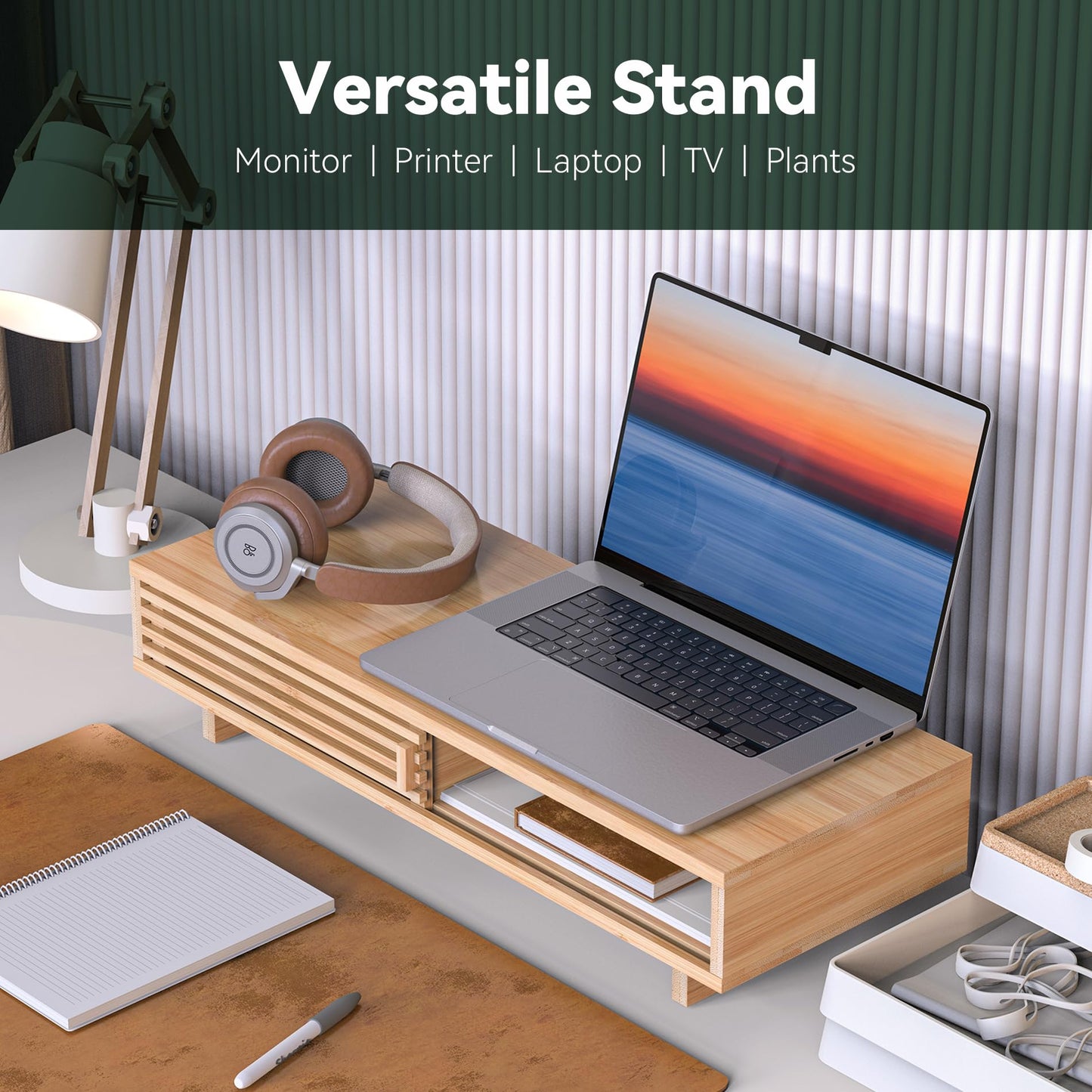WELL WENG Monitor Stand Riser with Sliding Door, Computer Laptop Stand Desk Shelf Organizer with Storage (Natural Bamboo, 25 Inch)