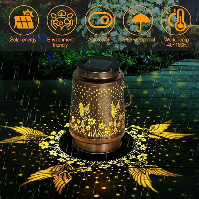 Hummingbird Solar Lantern - Waterproof Hanging Lantern, Metal Solar Lights for Outdoor Use on Yard, Patio, Lawn, Tabletop, Landscape, Garden Decor, Gifts for Mom, Grandma, Women
