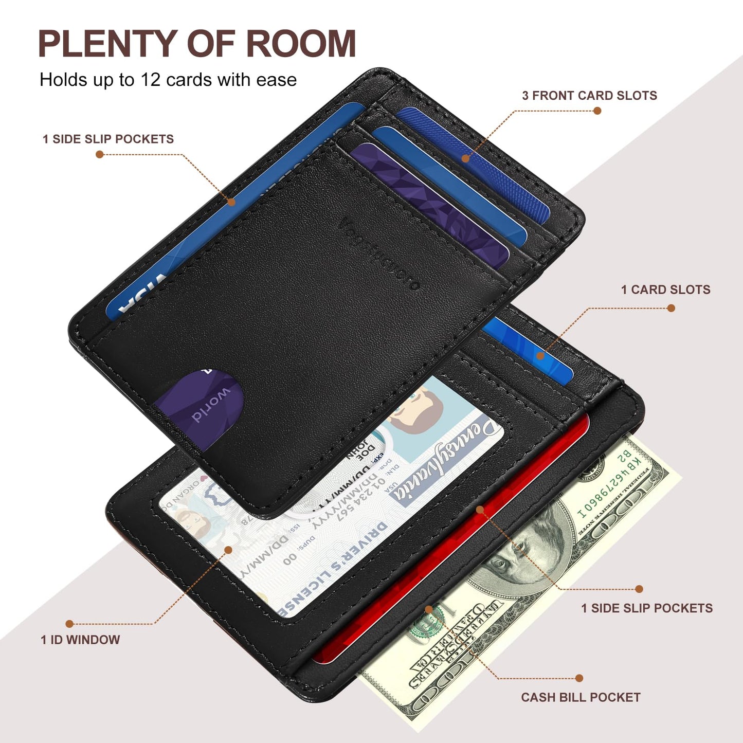 VOGSTYCUERO Slim Minimalist Front Pocket Thin Wallet RFID Blocking 100% Genuine Grain Leather Credit Card Holder for Men Women with Gift Box - Grain Leather Black
