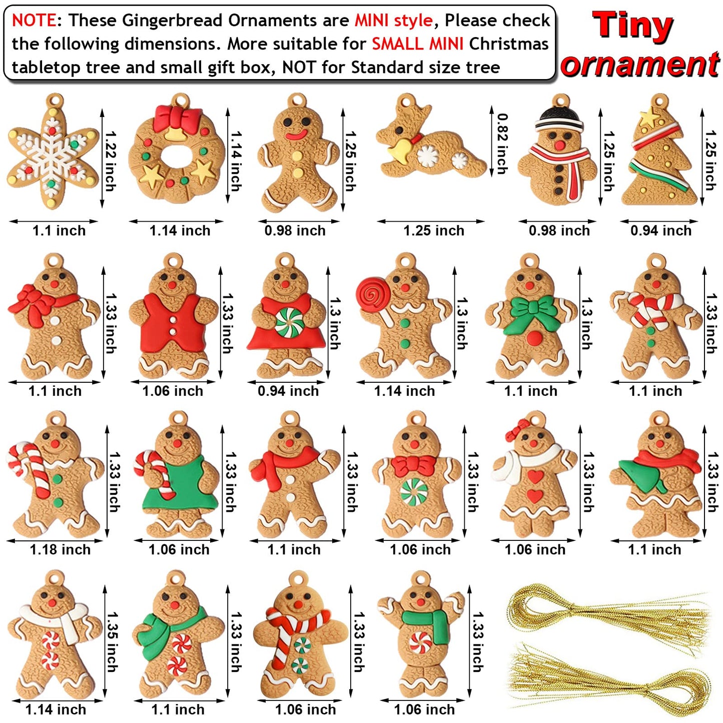 44 Pcs Mini Christmas Gingerbread Ornaments Tiny Gingerbread Man Ornaments Hanging Charms Figurine Decoration Ginger Man with Strings for Mini Christmas Tree Decorations