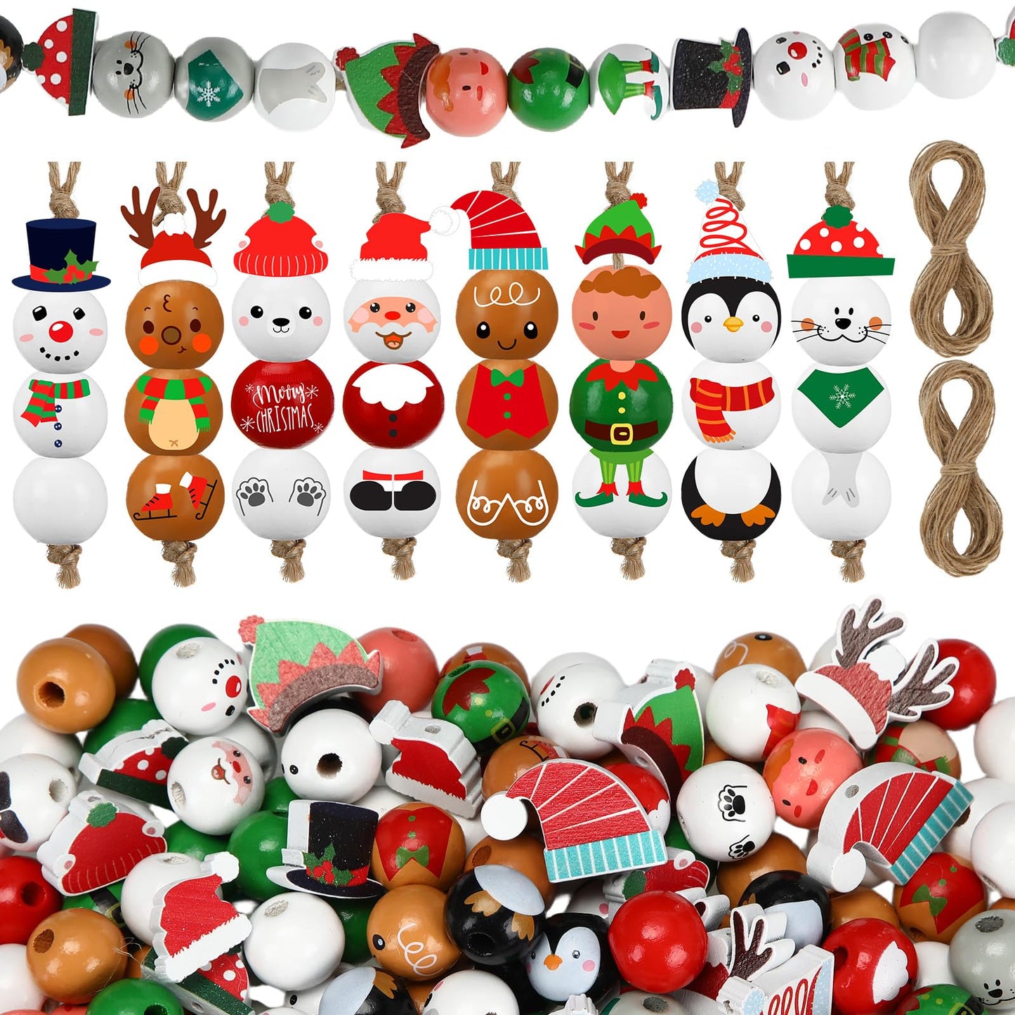 Geelin 300 Pcs Christmas Wood Beads with Twine - Santa Gingerbread Snowman Winter Animals Wooden Round Bead for Hanging Ornaments DIY Crafts Garland Holiday Tree Decor(Classic Christmas)