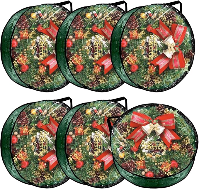6 PCS Clear Wreath Storage Bag, 24x8 Inch Christmas Wreath Storage Container, PVC+PE Wreath Protector with Handle for Xmas Holiday Seasonal Wreath Garland (Green)