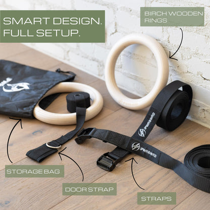 PWR4WRD Gymnastic Rings - Durable Home Workout Equipment w/Adjustable Straps & Secure Buckle - Portable 1.25" Olympic Rings for Home & Gym - Exercise Rings for Workout Bodyweight Fitness Training
