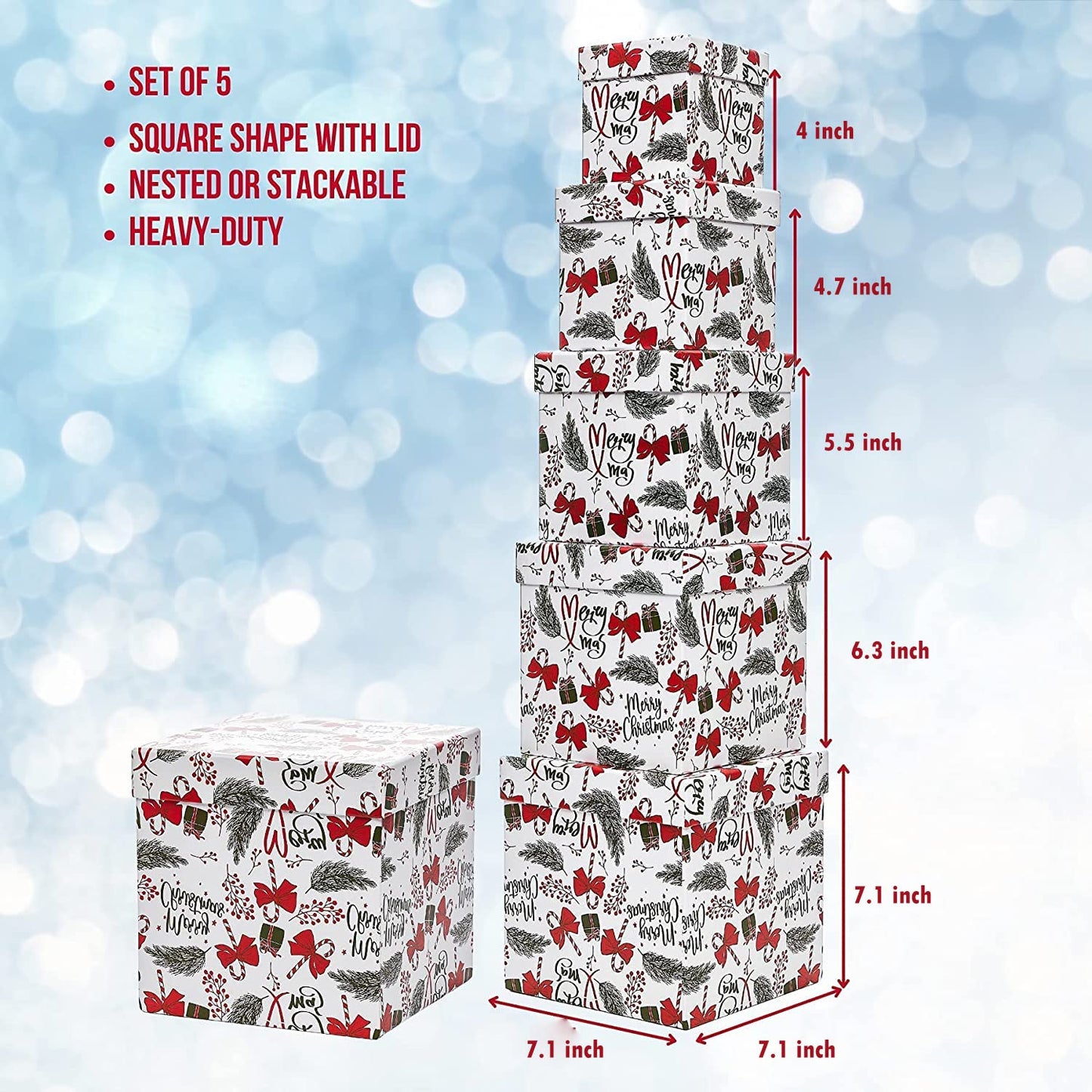 UNIQOOO 5PCS Christmas Nesting Gift Boxes with Lid, Nested Box Set, 5 Sizes, Square Stackable, Red White Green, Xmas Berry Candy Cane Paper Box Tower Décor, Holiday Thanksgiving New Year Packaging
