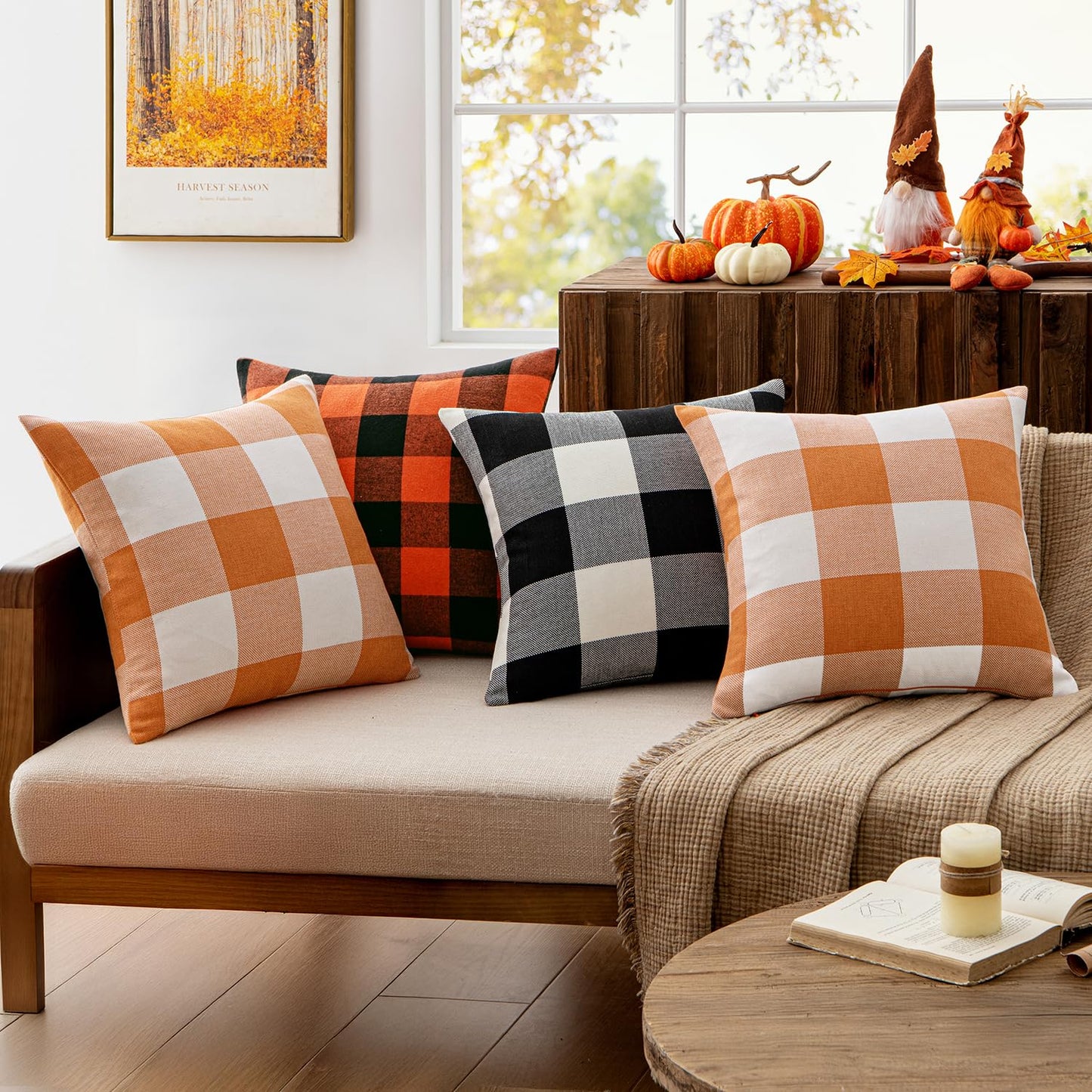 MIULEE Fall Throw Pillow Covers Pack of 2 Classic Farmhouse Buffalo Check Plaids Linen Soft Solid Orange and White Decorative Outdoor Cushion Case for Sofa Bedroom 12 x 20 Inch 30 x 50 cm